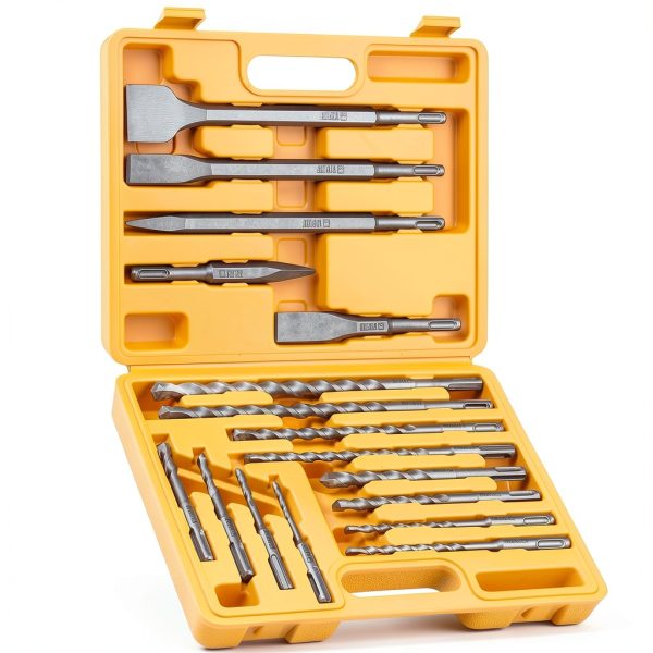 17-Piece SDS Plus Rotary Hammer Drill Bits and Chisel Set, YG8C Carbide Tips, SDS Plus Bits, Masonry Drill Bit Set for Concrete, Brick and Stone, with Storage Case, Ideal Tool for DIY, Home-0